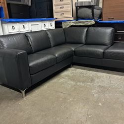 Modern Black Leather Italian L Shaped Sectional Couch