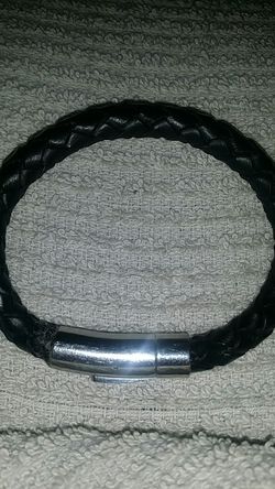 Men's Stainless Steel Bracelet in Black Leather