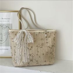 Flowers Lace Straw Tote Bag