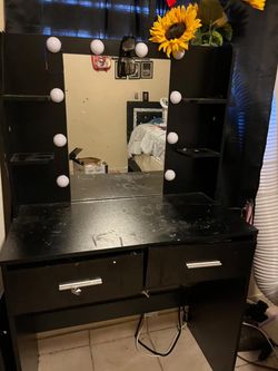 Black Vanity Desk with Lighted Mirror