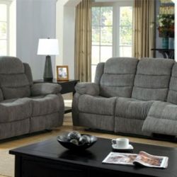 Brand New Gray Reclining Motion Sofa And Love Seat 