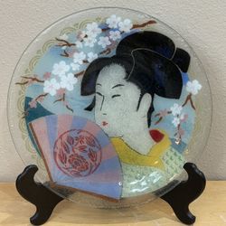 Decorative Glass Japanese Lady Plate w/Stand - 11 1/4”round