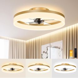 Low Profile Ceiling Fans with Lights and Remote, 19.7in Fandelier Ceiling Fan Flush Mount, 3000K-6500K Smart Bladeless LED Fan Light, Gold Modern Ceil
