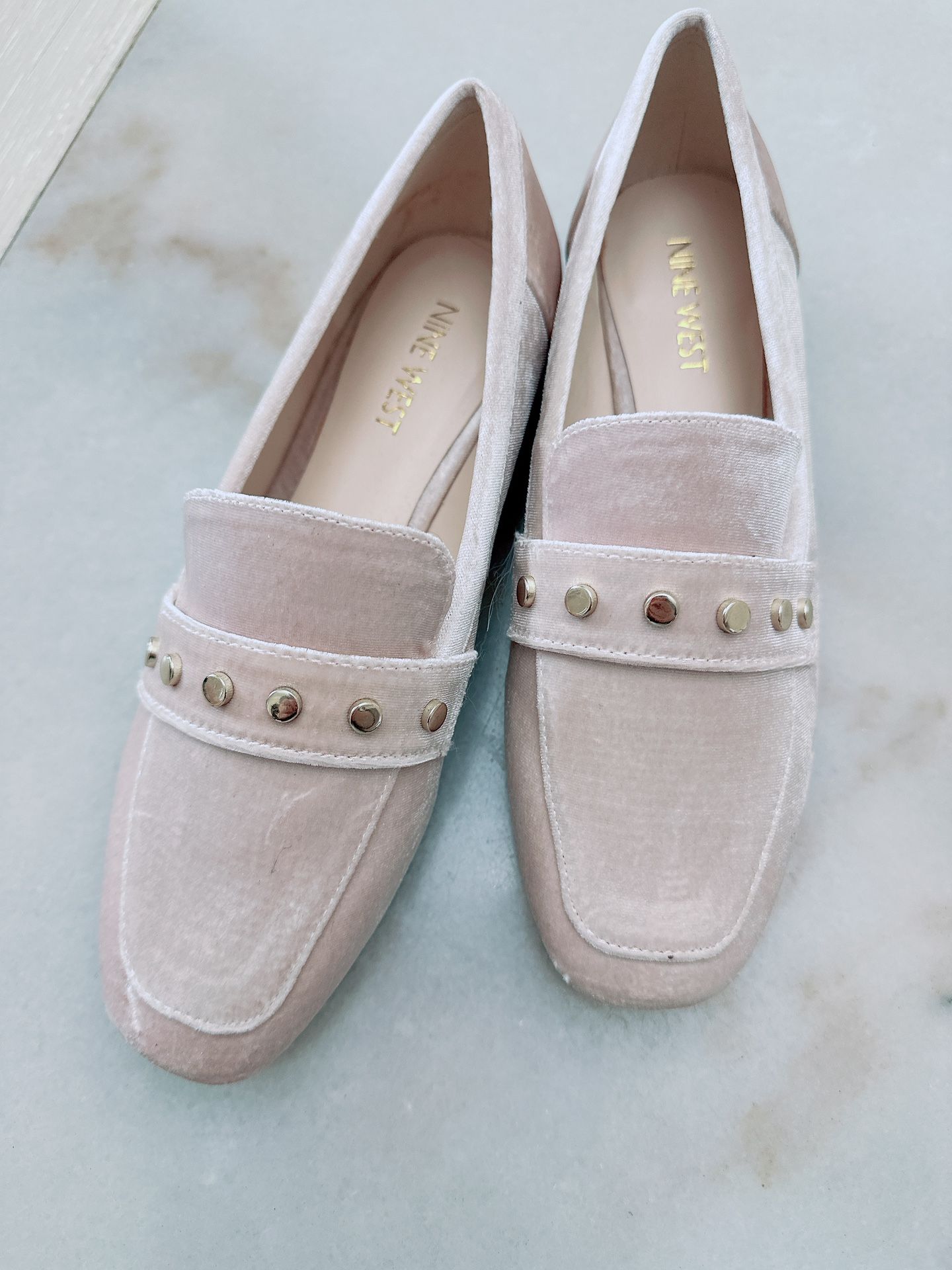 Nine West Blush Pink Velvet Loafers with Gold Studs/| Brand New