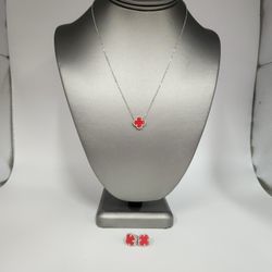 925 Sterling Silver Red Agate Flowers Pendant Necklace And Earrings