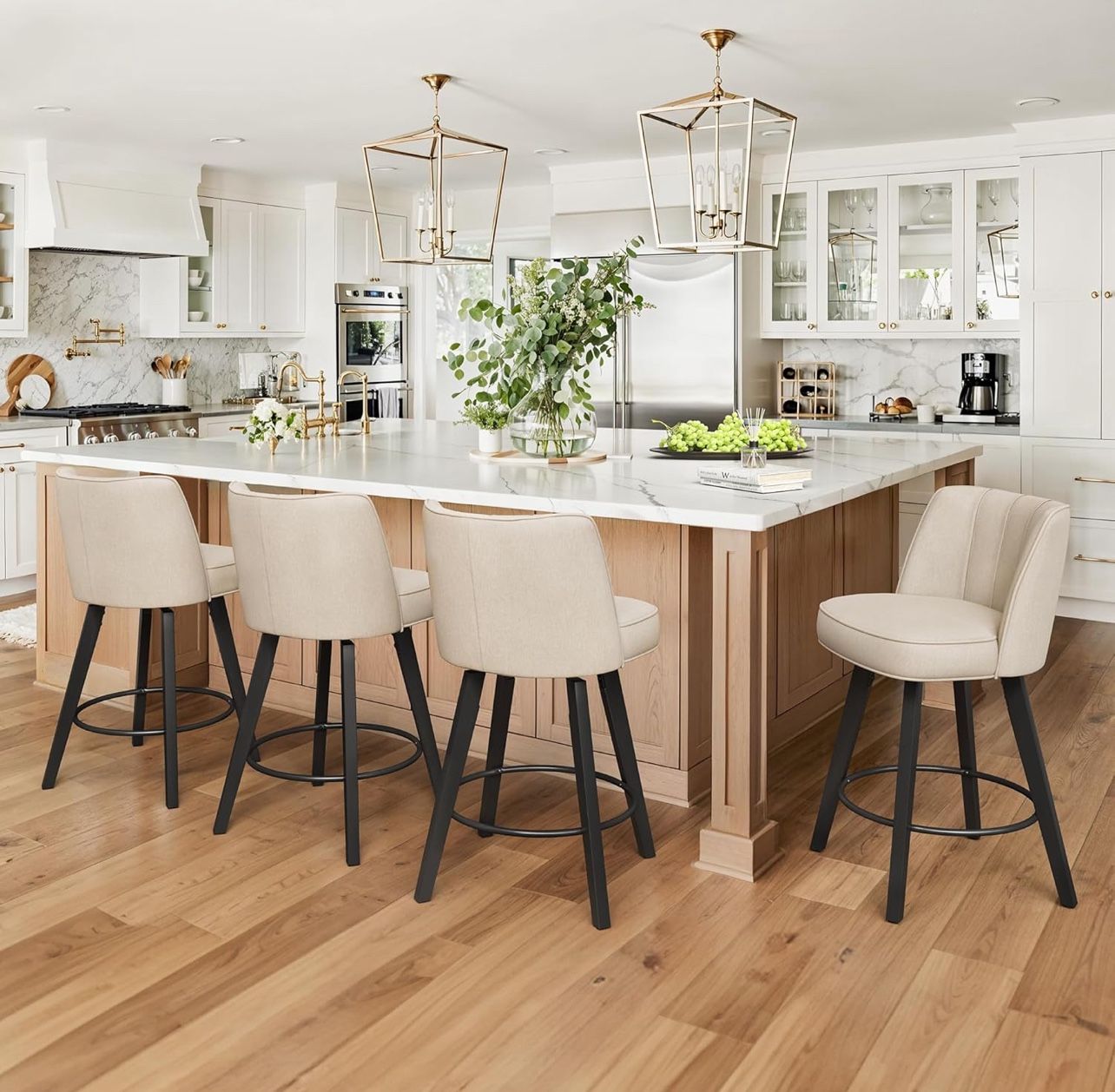 LUE BONA 360-degree Swivel Bar Stools Set of 4, 26" Counter Height Bar Stools with High Back and Wood Legs, Morden Faux Leather Upholstered Barstools,