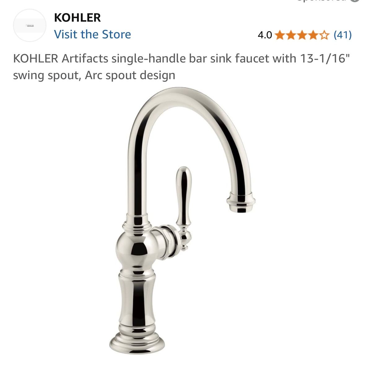 KOHLER Artifacts single-handle bar sink faucet with 13-1/16" swing spout, Arc spout design