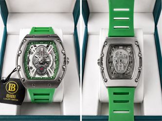 BIBI Luxury Skeleton Watch Green Rubber Strap