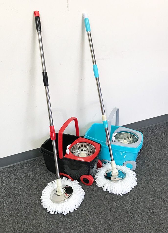Brand New $25 each Deluxe Spin Mop with Wheels and Extended Handle with 2x Microfiber Mop Heads