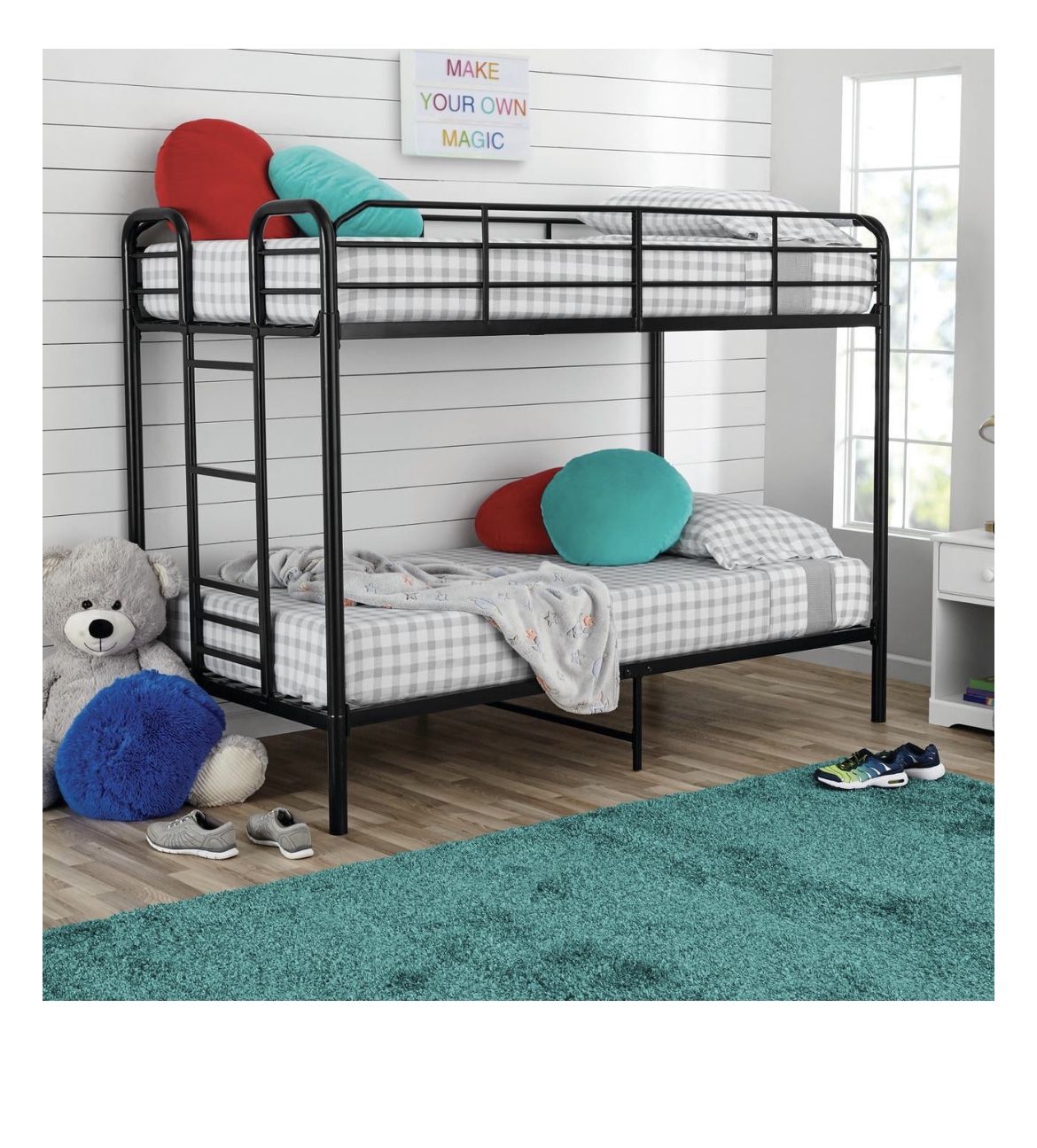Your Zone Twin Over Twin Metal Bunk Bed with Ladder for Kids Bedroom, Black