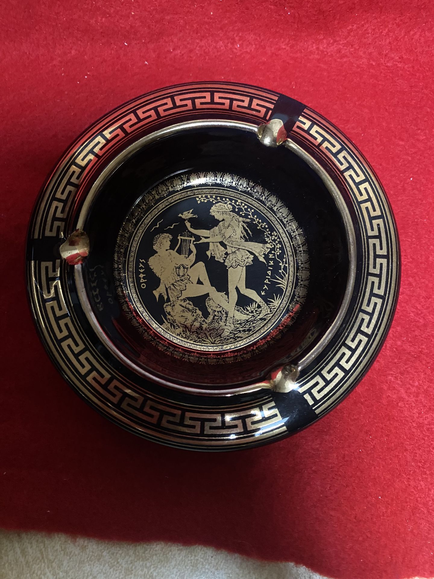4.75 Inch 24k Black & Gold Handmade In Greece Imported From Greece Greek Ceramic Ashtray  