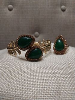 Gold-Tone Green Stone Cuff Bracelet and Ring Set