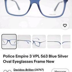 Police Empire 3 VPL 563 Blue Silver Oval Eyeglasses Frame New