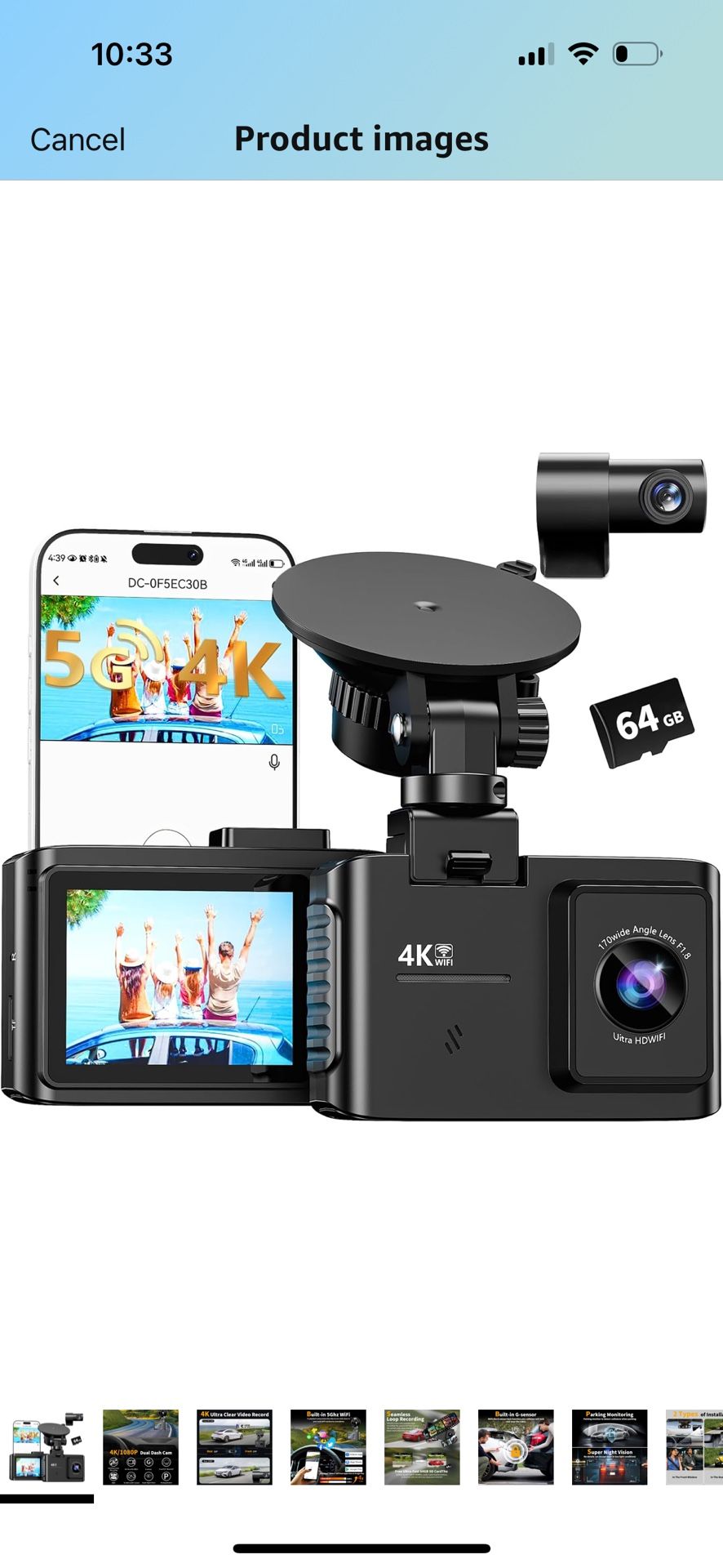 Dash Cam Front and Rear: 4K Dual Channel Dash Cam - 5GHz WiFi, Dash Camera for Cars with 64GB Card, 2.0" IPS Screen, App Control, G-Sensor, Loop Recor