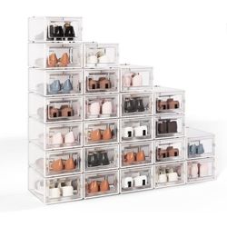 Shoe Storage Organizer, 24 Pack Plastic Foldable Shoe Box Cabinet, Stackable Clear Shoe Bins, Drawer Type Front Sneaker Containers (Medium/White)