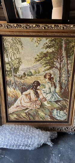 Picking Flowers in the Meadow - Framed needlepoint tapestry