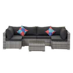 NEW IN BOX 7 Piece Grey Wicker W/ Black Cushions Patio Furniture Set 