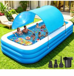 Extra Large Inflatable Pool with Canopy Pump, 145" x 74" x 22" Large Blow Up Pool for Adults Family, Full Size Inflatable Swimming Pool with Big Shade