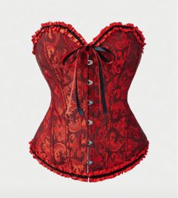 Red Brocade Overbust Corset with Ruffle Trim