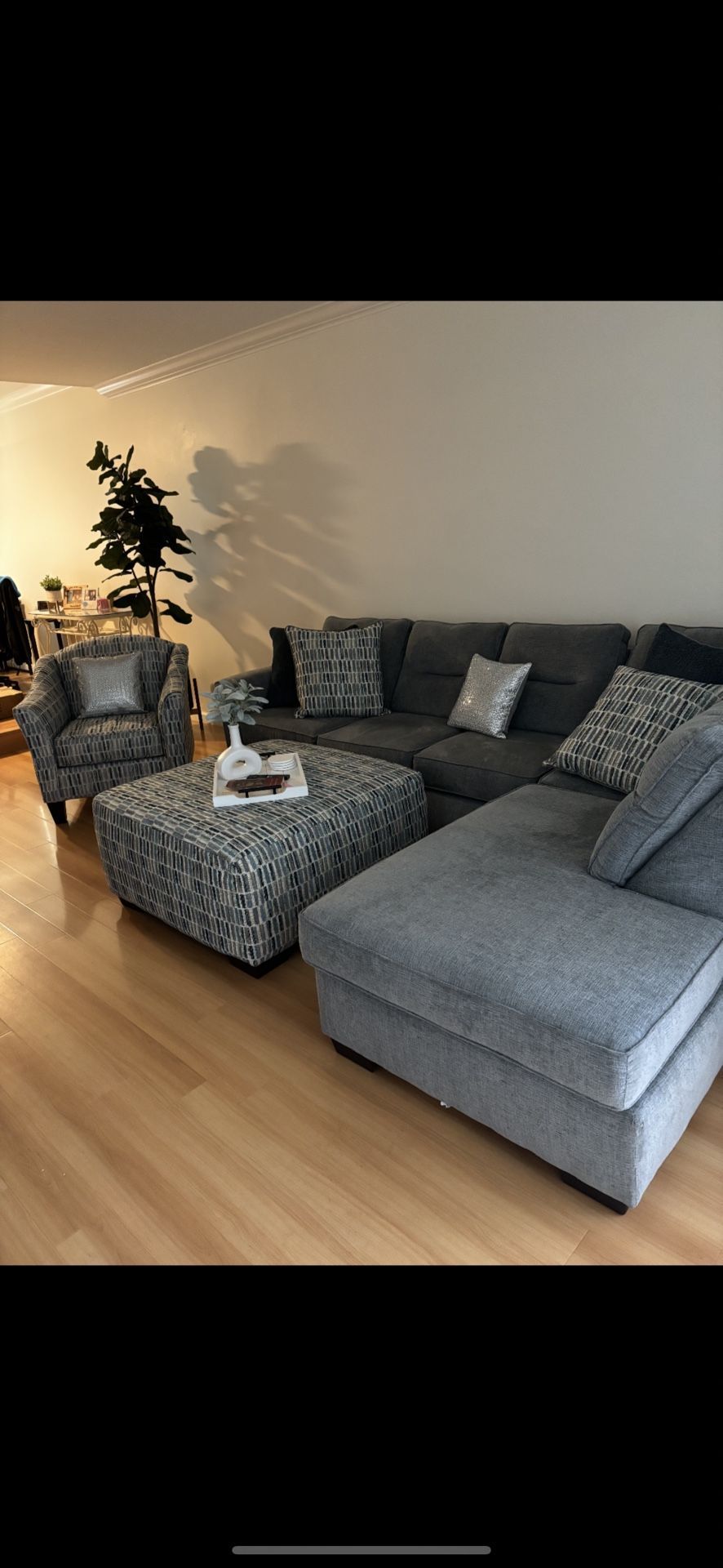 Beautiful Slate Blue Sectional With Chaise Matching Ottoman & Chair 