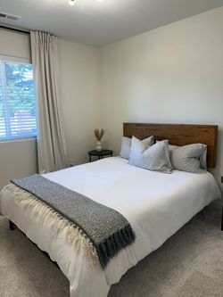 Queen bed frame/mattress and side tables