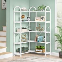 Corner Bookshelf Industrial Bookcase, L Shaped Bookshelf Arched 5 Tier Corner Shelf, Large Bookshelf With Metal Frame, Etagere Shelf Corner Display Ra