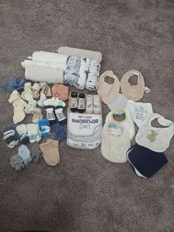 Baby socks, mittens, bibs, swaddle blankets