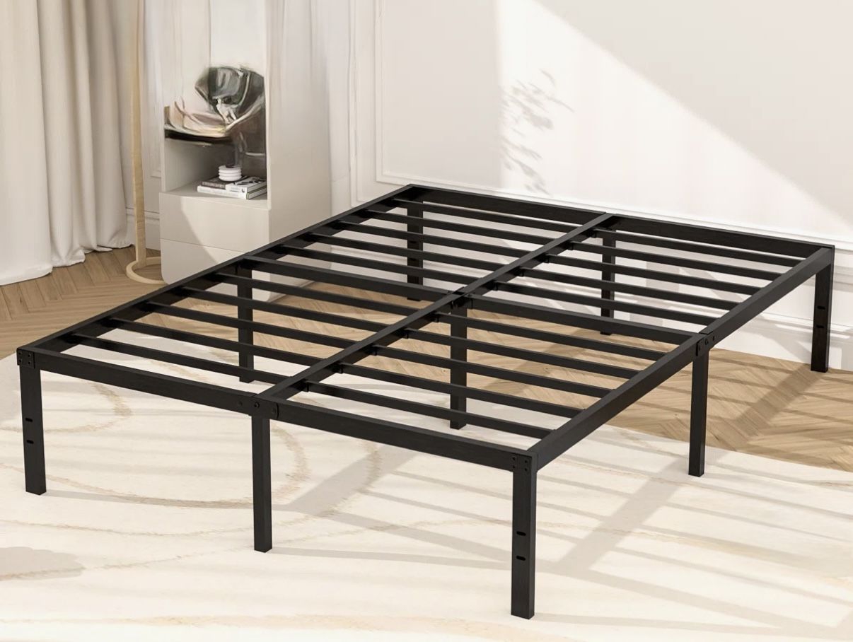 16" Black Metal Platform Bed Frame With Steel Slat Support,