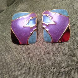 Vintage Rectangular Purple Turquoise & Gold Earrings 