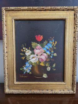 Ruggeri - Oil painting on canvas titled 'Floral Bouquet' by Vito Ruggeri in original Florentine-style gilt frame