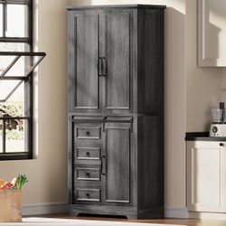 Farmhouse Pantry Cabinet, 71-Inch Tall Freestanding Storage Cabinet with 4 Drawers. Color- White 