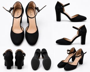ID Required Women’s Black Ankle Strap Low Block Heel Pumps Size 7 Used