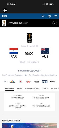Two tickets FIFA, World Cup, Australia vs Paraguay - section 114 pretty much in the middle in the premium lower box area