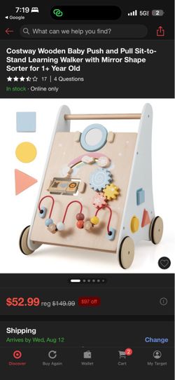 Costway Wooden Baby Push and Pull Sit-to-Stand Learning Walker with Mirror Shape Sorter for 1+ Year Old