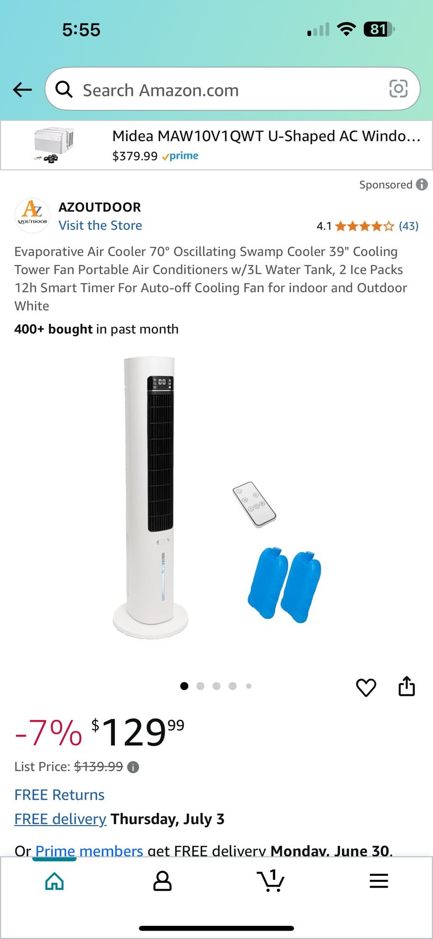 In home swamp cooler/fan combo. With remote and ice packs