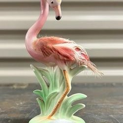 Retro 50s Pink Flamingo w/feathers - Kitschy Vintage Japan Ceramic Figurine