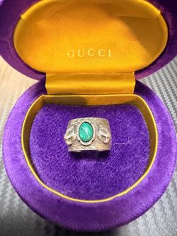 Gucci Tiger Head Garden Ring, Size 18, Silver, Green, SV925, Malachite, Men's, GUCCI