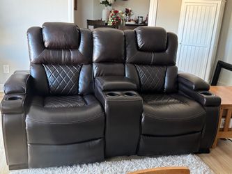 Dark Brown Leather Reclining Sofa with Console