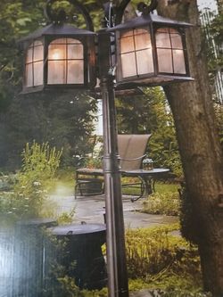 Three-Head Lantern with Post-New in Box , aged iron finish, clear seeded glass.