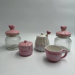 Pink Romantic Kitchen Canister Creamer Sugar Jar Set Heart Lids Lot
