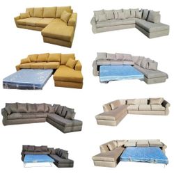 NEW 9X7FT AND 7X9FT SECTIONAL WITH SLEEPER CHAISE. MARIGOLD COLOR  DARK GRANITE,  LIGHT GREY  AND VELVET CREAM FABRIC ./more Color Fabric Available 
