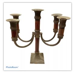 Vintage 10" Candelabra 5 Candle Stick Wood Brass 