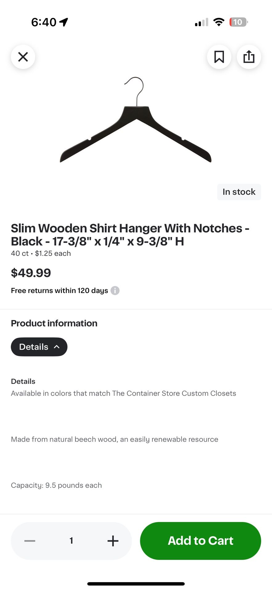40 Slim Black Wooden Hangers 