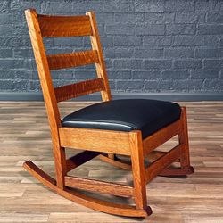 Arts & Craft Mission Tiger Oak & Leather Rocking Chair by Stickley, c.1910's - Delivery Available