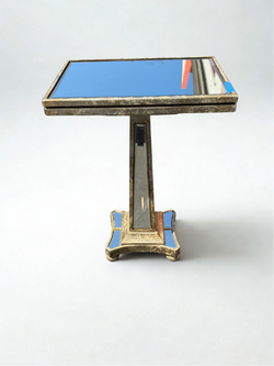 John-Richard Silver Leaf Mirrored Side Table – Antiqued Églomisé, Venetian Vanity, Pedestal Base