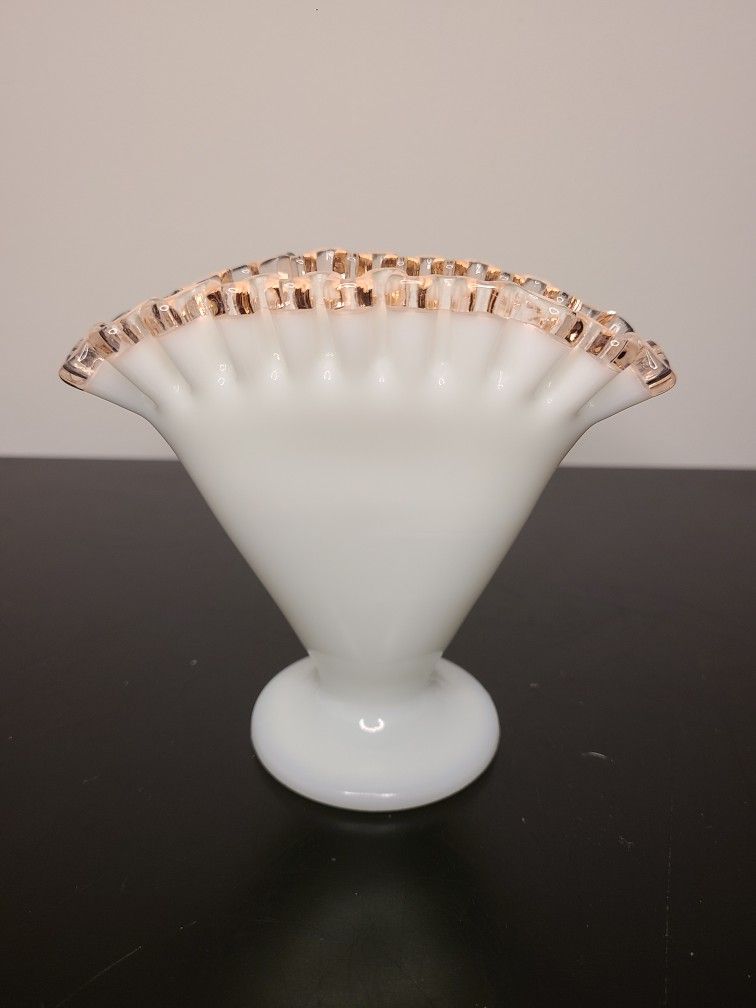 Vintage Fenton Milk Glass Pink Rose Crest Crimped Fan Vase