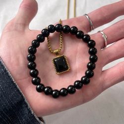 Modern Black Glass & Stainless Steel Jewelry Set | Rectangular Gold Tone Pendant Necklace & Bracelet