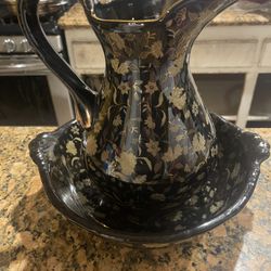 gold floral pattern pitcher and wash basin set