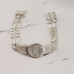 925 Sterling Silver Bracelet Figaro Link San judas  - Pulsera De Hombre En Plata 