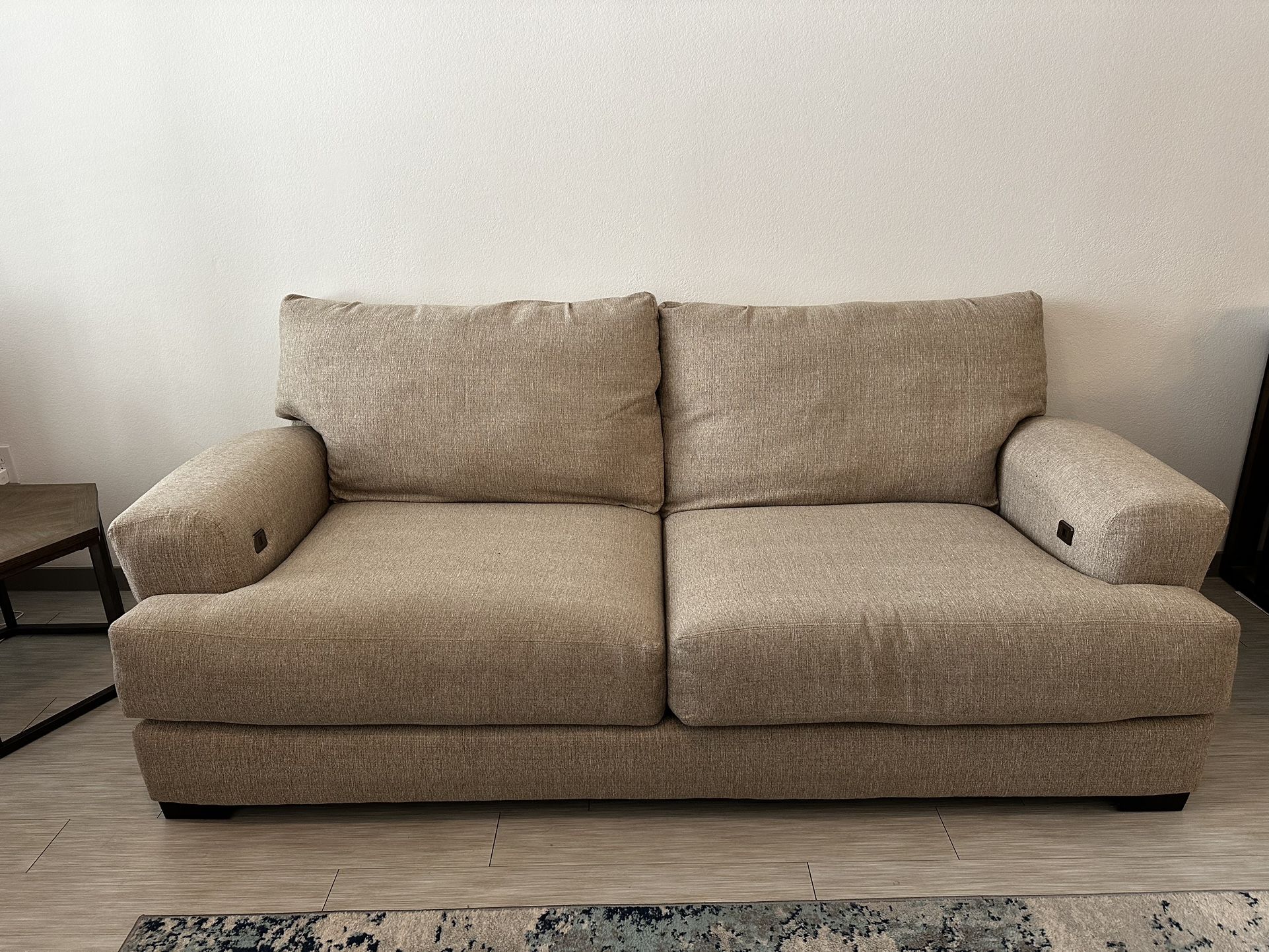 3 Person Tan Fabric Couch With USB Ports